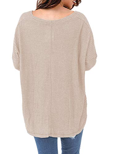 MIHOLL Womens Loose Blouse Long Sleeve V Neck Button Down T Shirts Tie Front Knot Casual Tops (Medium, Z- Oatmeal)