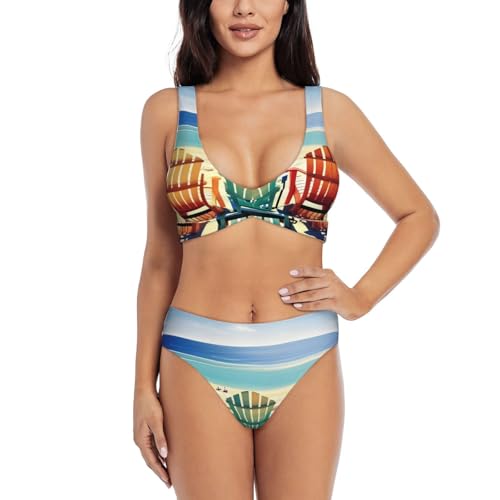 Maillot de bain 2 pièces imprimé plage pour femme avec effet contrôle du ventre