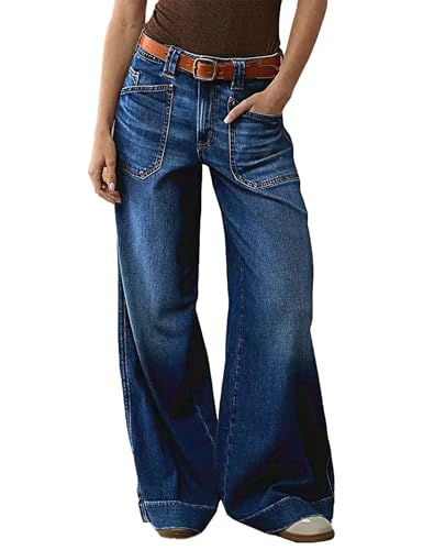 DAOAO Mid Rise Jeans for Women Wide Leg Baggy Jeans Trendy Stretchy Casual Without Belt Dark Blue XL