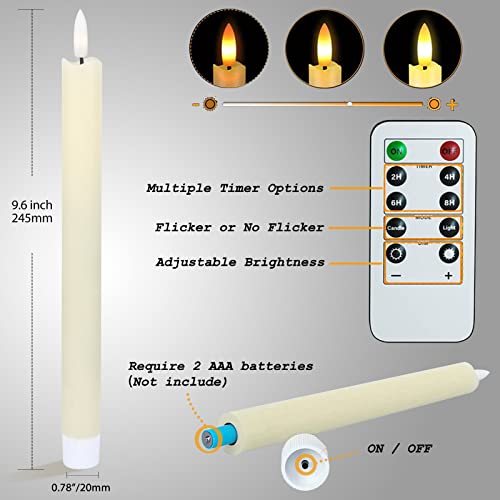 Image of Real Wax Flameless Ivory Taper Candles Flickering with Remote Timer, 9.6 inch Battery Operated Led Candles Candlesticks Black Wick with 3D Flickering Flame Pack of 6 for Christmas Home Wedding Decor