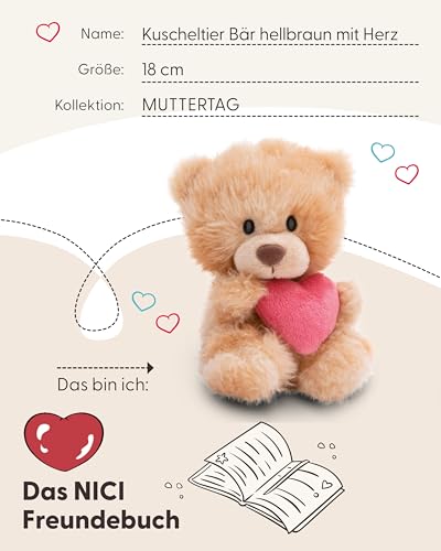 NICI Kuscheltier Bär mit Herz 18cm - hellbraun - Stofftier aus weichem Plüsch, niedliches Plüschtier zum Kuscheln und Spielen, für Kinder & Erwachsene, tolle Geschenkidee - 61559