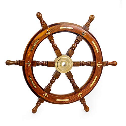 Image of Natural Wood Handcrafted Ship Wheel with Inlayed Brass Anchor and Rippets| Ocean Maritime Navy Decor | Nagina International (12 Inches)