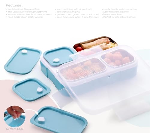 Image of Premium Insulated Steel 4 Compartment Lunch Box for School Office Use | Food Grade Sealed Leak-Proof Steel Containers with Air Vent Lock | Lunch Box for Kids Women Boys Girls