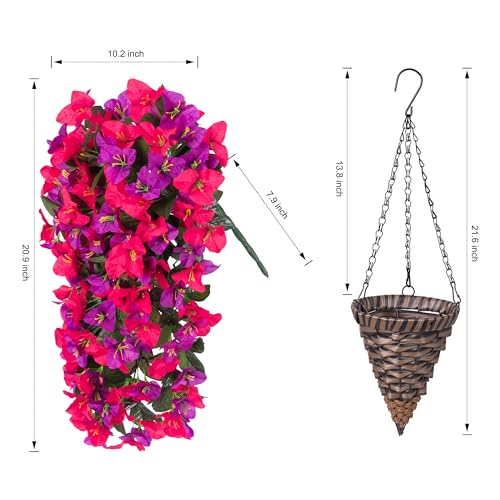 Image of Artificial Bougainvillea Faux Flowers Plants Baskets for Outdoor Outside Decoration, 3PCS Fake Silk Flowers Long Trailing Vines UV Resistant Realistic for Front Door Porch Patio (PurpleHotpink)