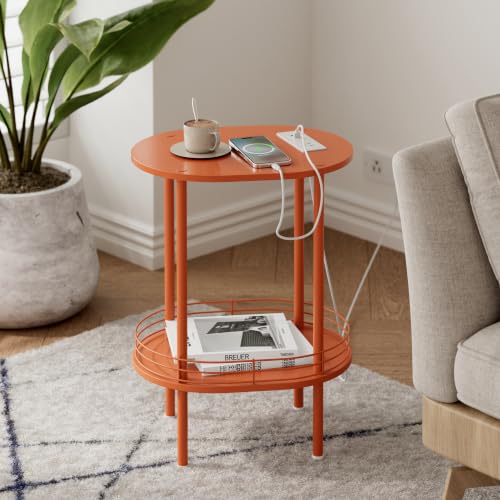 Image of Small Oval Side Table with Charging Station, 2-Tier Orange Round End Table | Narrow Nightstand with USB Ports and Outlets, Bedside Table for Small Space - Living Room, Bedroom, Nursery,(1PC,Orange)