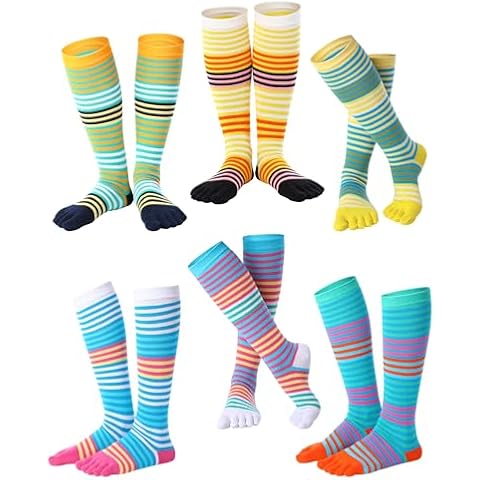 Bonuci 6 Pairs Rainbow Toe Socks Women Cotton Knee High Toe Sock Toe Separated Striped Long Sock LGBT Pride Sock(Multicolor) Cover