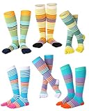 Bonuci 6 Pairs Rainbow Toe Socks Women Cotton Knee High Toe Sock Toe Separated Striped Long Sock LGBT Pride Sock(Multicolor)