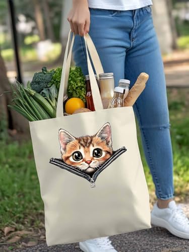 Canvas Tote Bags,Grocery Shopping Cloth Bag Cute Cat Open Zipper Reusable Shoulder Bags Tote Bag for Travel Work Gym4