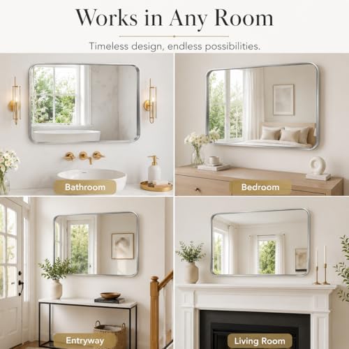 Image of 30 inchx40 inch Rounded Corners Silver Bathroom Mirror - Metal Framed with HD Shatter-Proof Glass, Wall-Mounted for Over Sink, Entryway, Living Room, Bedroom
