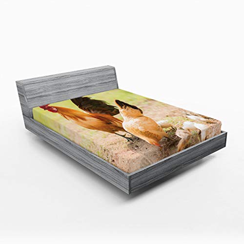 Ambesonne Hen and Chicks 2 Pack Fitted Sheet, Chicken Family Photo, Bed Cover All-Round Elastic Deep Pockets 2 Pieces, Package Contains 2 California King Fitted Sheets, Brown Beige