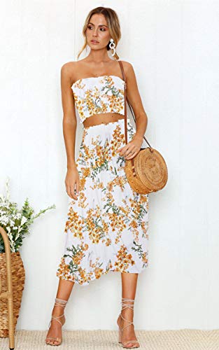 Image of Angashion Women's Floral Crop Top Maxi Skirts Set 2 Piece Outfit Dress