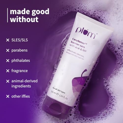 Image of Plum CeraSenseTM Barrier Care Face Wash with Acai & 1% NMF | 50ml | Gentle face wash | For Dry Skin, Normal Skin & Sensitive Skin | Soap-Free Paraben-Free | For Sensitive Skin