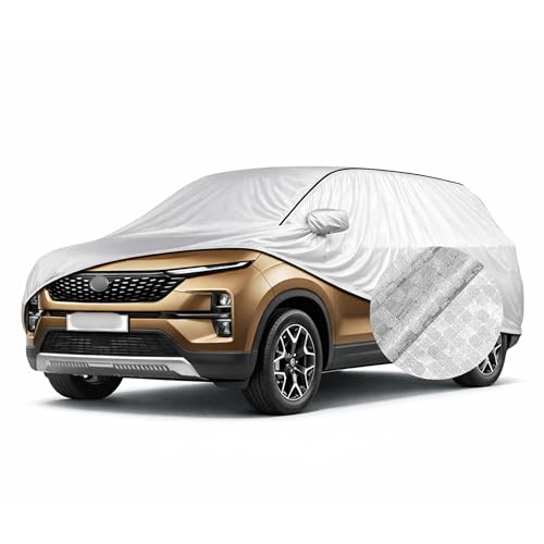 Image of SEAZEN Waterproof Car Cover for Tata Safari | Dustproof, UV & Scratch Resistant Soft Cotton Lining | Triple Stitched, Mirror Pockets & Elastic Hem | Metallic Silver with Black Piping
