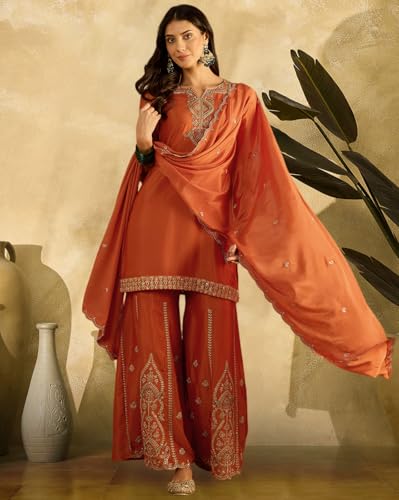 Image of SheWill Poly Chinon Zari Sequence Cording Embroide Kurta with Palazzo and Dupatta - Vibrant Set with Exquisite Detailing and Graceful Drape