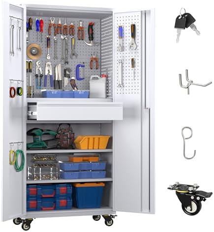 Garage Storage Cabinet with Locking Doors and 2 Adjustable Shelves, 71" H Metal Rolling Tool Storage Cabinet with Wheels, Drawer, Pegboard and 16 Hooks for Garage, Warehouse, White and Gray