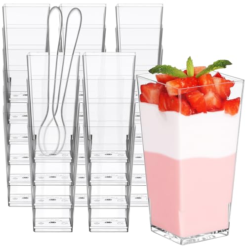 Eupako 3 oz Plastic Dessert Shooter Cups with Spoons 50 PCS Mini Clear Square Plastic Tumbler Cups Small Dessert Cup for Jello Shots Appetizers Puddings Mousse Parfait