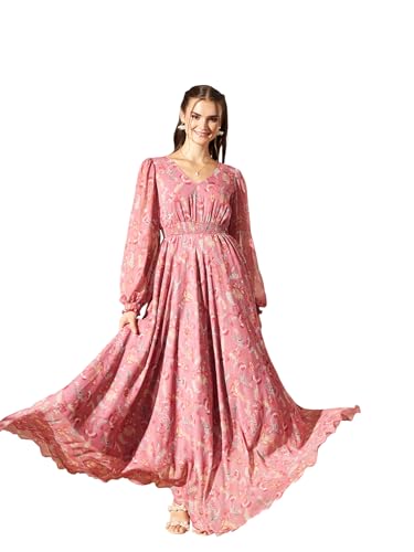 Image of Miss Chase Women's Multicolored-Base-Brown Relaxed Fit Maxi Lurex Chiffon Dress