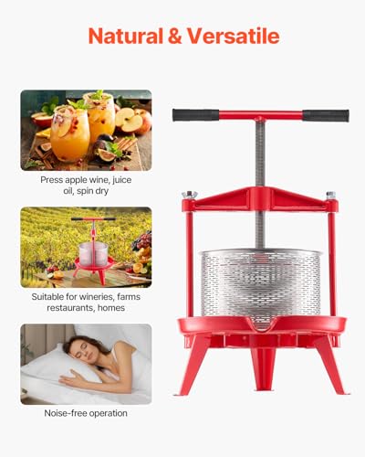 Image of VEVOR 2.38 Gal /9L Fruit Wine Press, Stainless Steel Basket with Cross-beam and Triangular Structure, Manual Juice Maker, Cider Apple Grape Tincture Making Press with T-Handle for Kitchen Home