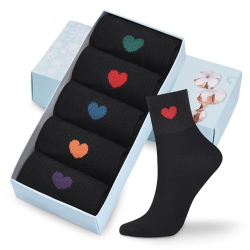 Image of Corlap Women's Cotton Crew Socks - Ankle High Fun Cute Heart Casual Dress Athletic Socks - 5Pairs Gifts for Mother /Her