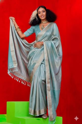 Image of SWORNOF Women's Woven Khadi Georgette Silk Saree With Unstitched Blouse Piece