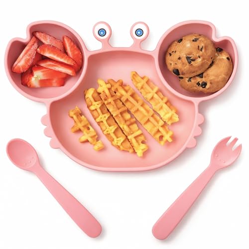 ROCCED Suction Plates for Baby, Silicone Plates with Suction Divided, Baby Spoon Fork Set for Toddler Baby Dishes Kids Utensils-Crab Pink