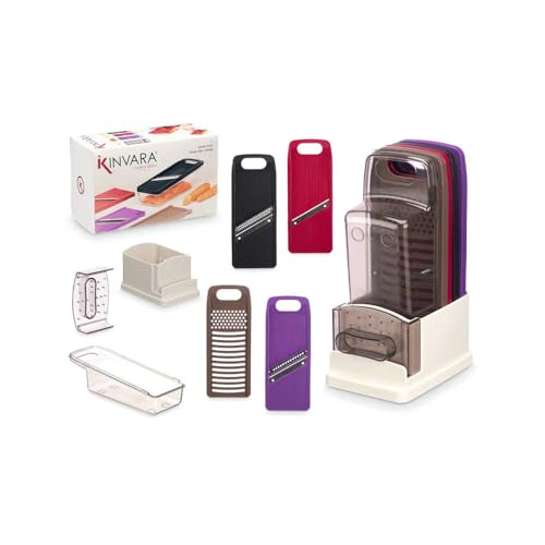 DECODEKO-Mandolina de cocina,Cortador de verdura,Mandolina 4 en 1 Profesional (Rebanado/Juliana/Corte/Rallado) - Soporte Apilable Compacto 13,5x10x23cm (4 tipos)