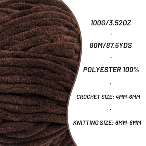 Image of 2 Pack Fluffy Chenille Yarn for Crocheting, Chunky Velvet Yarns for Crochet Amigurumi, Baby Yarn for Crocheting Soft Blanket, 174.9yds /7 oz Bulky Yarns for Crafts /Hats /Shoes /Socks (2 Coffee)
