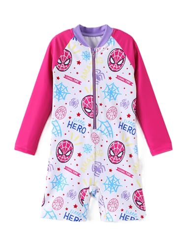 Disney Spider-Man Toddler Girls Swimsuits Spidey Long Sleeves Zipper Rashguard Bathing Suits Water Play UPF 50 Swimwear Pink Quick Dry for Little Girls Size 4-5 Years