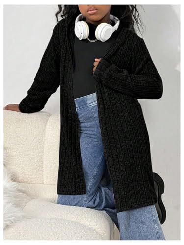 OYOANGLE Girl's Ribbed Long Hooded Cardigan Loose Open Front Long Sleeve Knit Outwear4