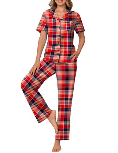 Ekouaer Womens Pajamas Set Plaid PJs Soft Button Down Sleepwear Short Sleeve Nightwear with Long Pants