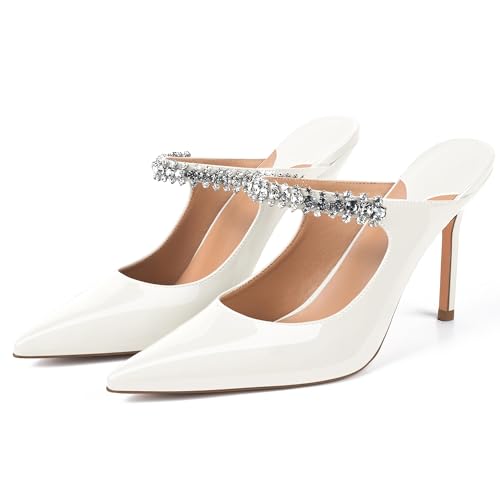 XINIUNIU Heeled Mules for Women Rhinestone Heels Pointed Toe Slip On 4 Inch Stiletto Closed Toe Sandals Dress Wedding Pump Shoes3