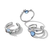 Blue Rhinestone Heart Flower Rings for Women Teens 3Pcs 925 Silver Ocean Multi-Layered Trendy Stuff Boho...