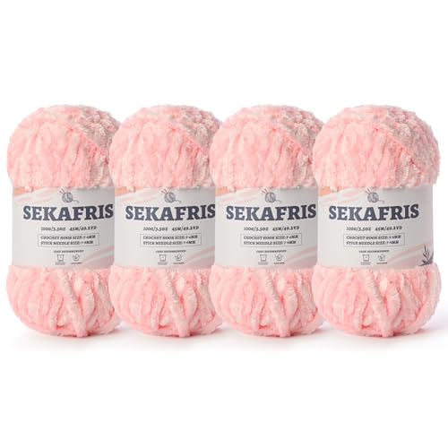 Image of Fuzzy Chunky Chenille Yarn for Crocheting,Soft Plush Yarn for Hand Knitting,Bulky 4x100g (4x49.2yd) Baby Blanket Yarn for Crocheting Amigurumi Yarns,Crochet Fluffy Velvet Yarn (4 Pale Pink)