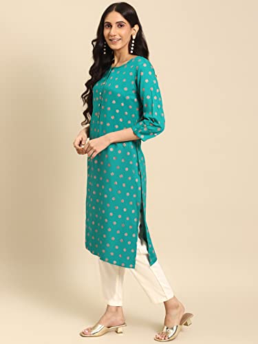 Image of rangita Turquoise Rayon Calf Length Printed A-line Kurti for Women | Kurta for Women