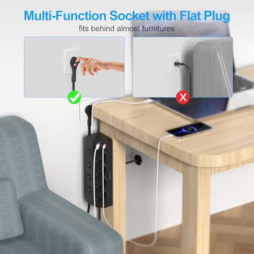 FDTEK Listwa zasilająca na biurko, 20 W, indywidualnie przełączana (4000 W/16 A), płaska wtyczka z USB C, 4 gniazda wtykowe z przełącznikiem, kabel 2 m, narożna listwa zasilająca do domu, biura