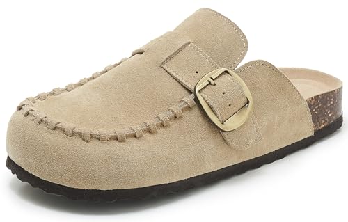 SMajong Mules et Sabots Homme Femme Confortables Cuir Liège Chaussons Classique Pantoufles avec Boucle Chaussures de Jardin d'Intérieur Extérieur Kaki 39 EU
