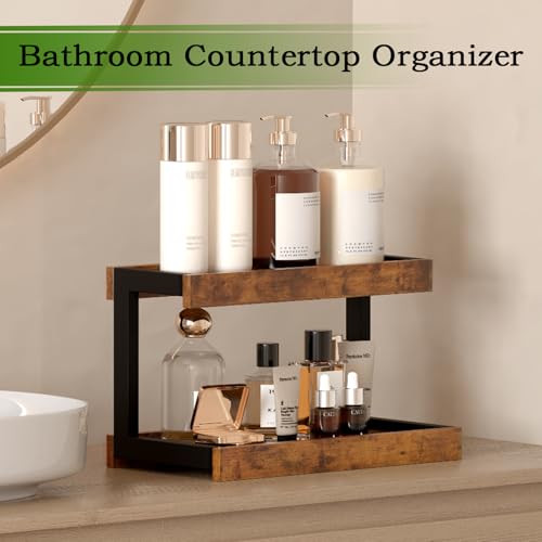 MARTY 2 Tier Spice Rack Organizer for Countertop, 15.8''L Coffee Station/Bathroom Organizer Countertop, Counter Shelf Desktop Storage Organizer for Kitchen, Bedroom, Office (Rustic Brown)