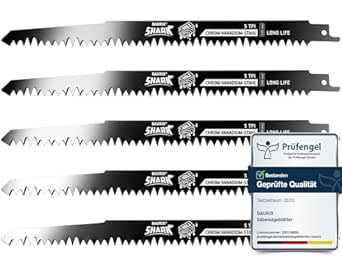 BAURIX® [LONG LIFE] Säbelsägeblätter Holz, 5 Stück, 240 mm, 5 TPI, Sägeblatt Säbelsäge für schnelle und saubere Schnitte, Säbelsägeblatt für Grobholz, Nassholz, Brennholz, lebendes Holz