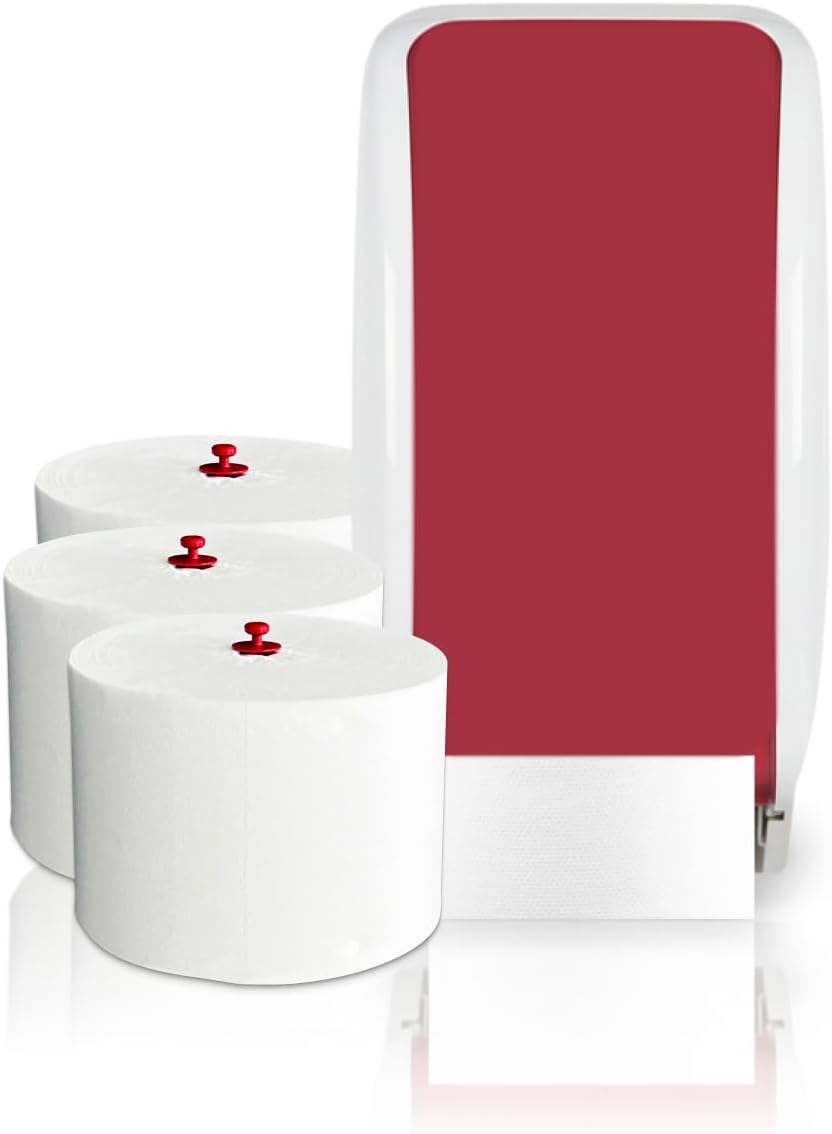 Cosmos Toilet Paper Dispenser Double Roll Set - 1 Dispenser for Cosmos Toilet Roll + 360 m Toilet Paper - 3-Ply - Ultra Economical Like 26 Standard Rolls - Wall Mounting White/Red