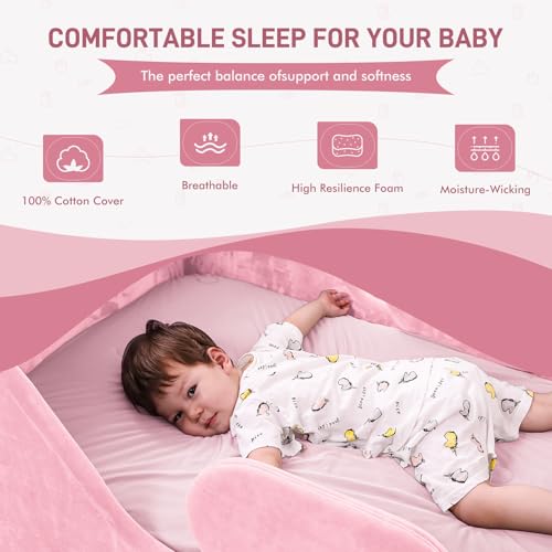Toddler Bed, Child Bed for Kids with Extra Safty Broad, Standard Crib Size Toddler Bed, Certified Fabric Toddler Beds,Toddler Flood Bed (Pink)