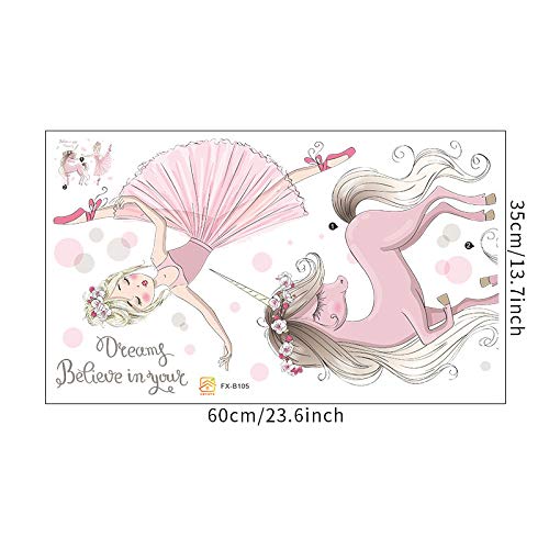 Image of Cute Little Girl Dancing with Unicorn Wall Stickers for Kids Room Bedroom Living Door Study Boho Decoration Sticker Baby Boy Bedroomplayroom Decor, Self-Adhesive, Wall, 60 Cm, 1 Cms