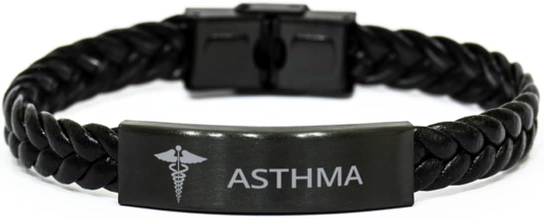 Medical Braided Leather Bracelet, Asthma Awareness, Medical Symbol, SOS Emergency Health Life Alert ID Engraved Stainless Steel Jewelry Silver Adjustable Bracelet for Women Men Teen