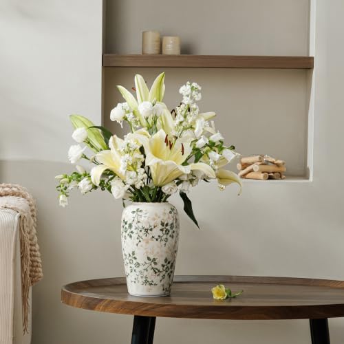 Image of Ceramic Flower Vase | Farmhouse Green Rustic Vase for Home Decor, Vintage Floral Pottery Tuscan Decorative Vase for Living Room & Kitchen, Mantel & Bookshelf, Centerpieces, Entryway, Wedding(8.5 Inch)