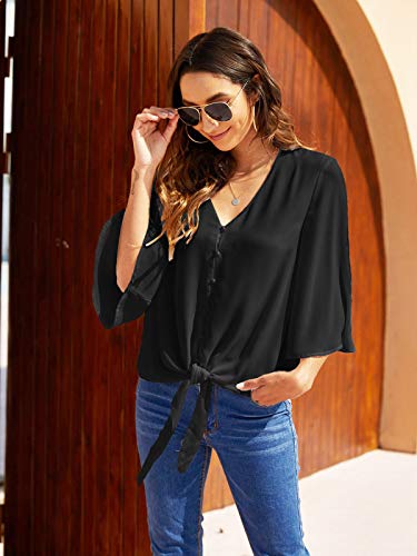 Kancystore Womens Button Down V Neck Tie Knot Front Tops 3/4 Sleeve Chiffon Casual Blouse Shirts4