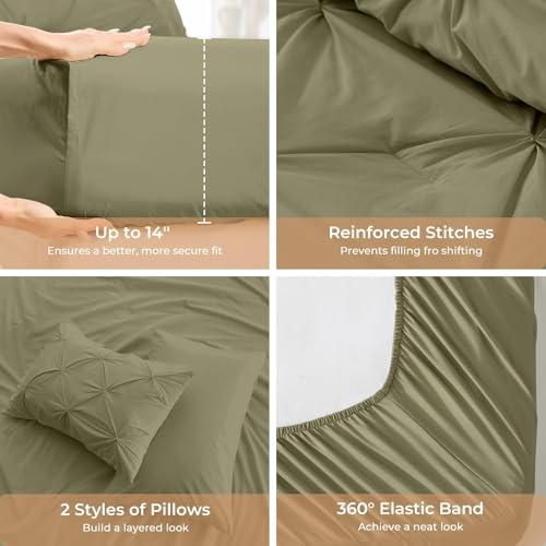 Image of Sasttie Queen Comforter Set, 7-Piece Bed in a Bag, Pintuck Bedding Sets for All Season, Includes Comforter, Flat Sheet, Fitted Sheet, Pillowcases and Pillowshams, Olive Green