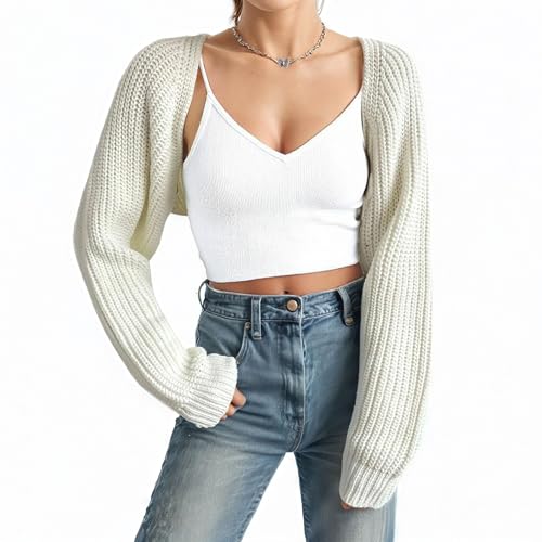 Fuimsul Women Open Front Ribbed Knit Crop Bolero Drop Shoulder Long Sleeve Solid Loose Fit Knitted Crop Cardigan Shrug White