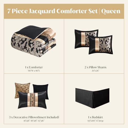 Image of CozyDH Black and Gold Jacquard Comforter Set - 7 Piece Queen Luxury Damask Patchwork Design, All-Season Down Alternative Bedding with Bed Skirt, Shams, Decorative Pillows, 90x90 in