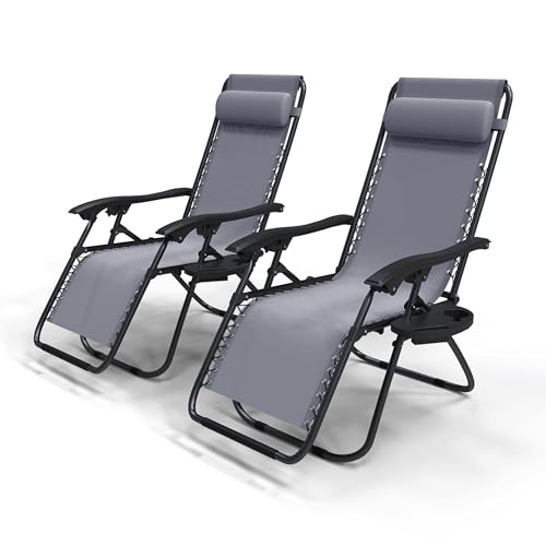 vounot® Lot de 2 Chaise Longue inclinable avec Support de Gobelet Amovible Chaise de Jardin Pliable en Textilène Chaise Longue avec Rembourrage de Tête Amovible...