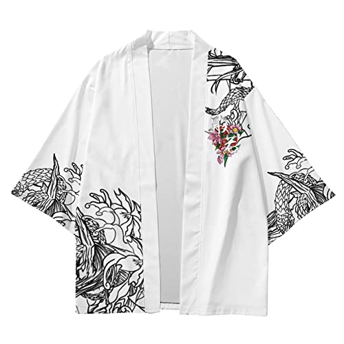 Image of DOSLAVIDA Men's Japanese Kimono Jacket Set Stylish Open Front Coat With Shorts Chinese Style Printed Cardigan Suit