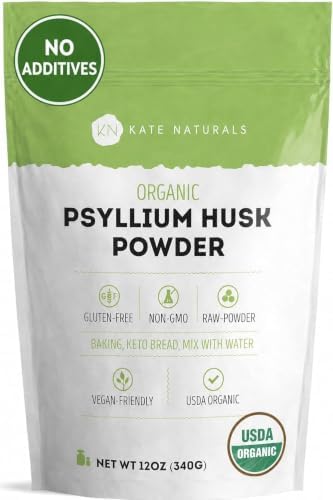 Kate Naturals Psyllium Husk Powder for Fiber, Digestion & Baking Bread. Mixes Easily with Juice & Smoothies (12oz, Organic, Gluten Free, Fine Ground)